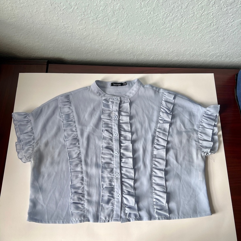 Light Blue Ruffled Button-Up Blouse - Picture 7 of 12